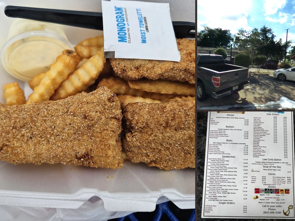 Fried seafood baskets on a simple tray.