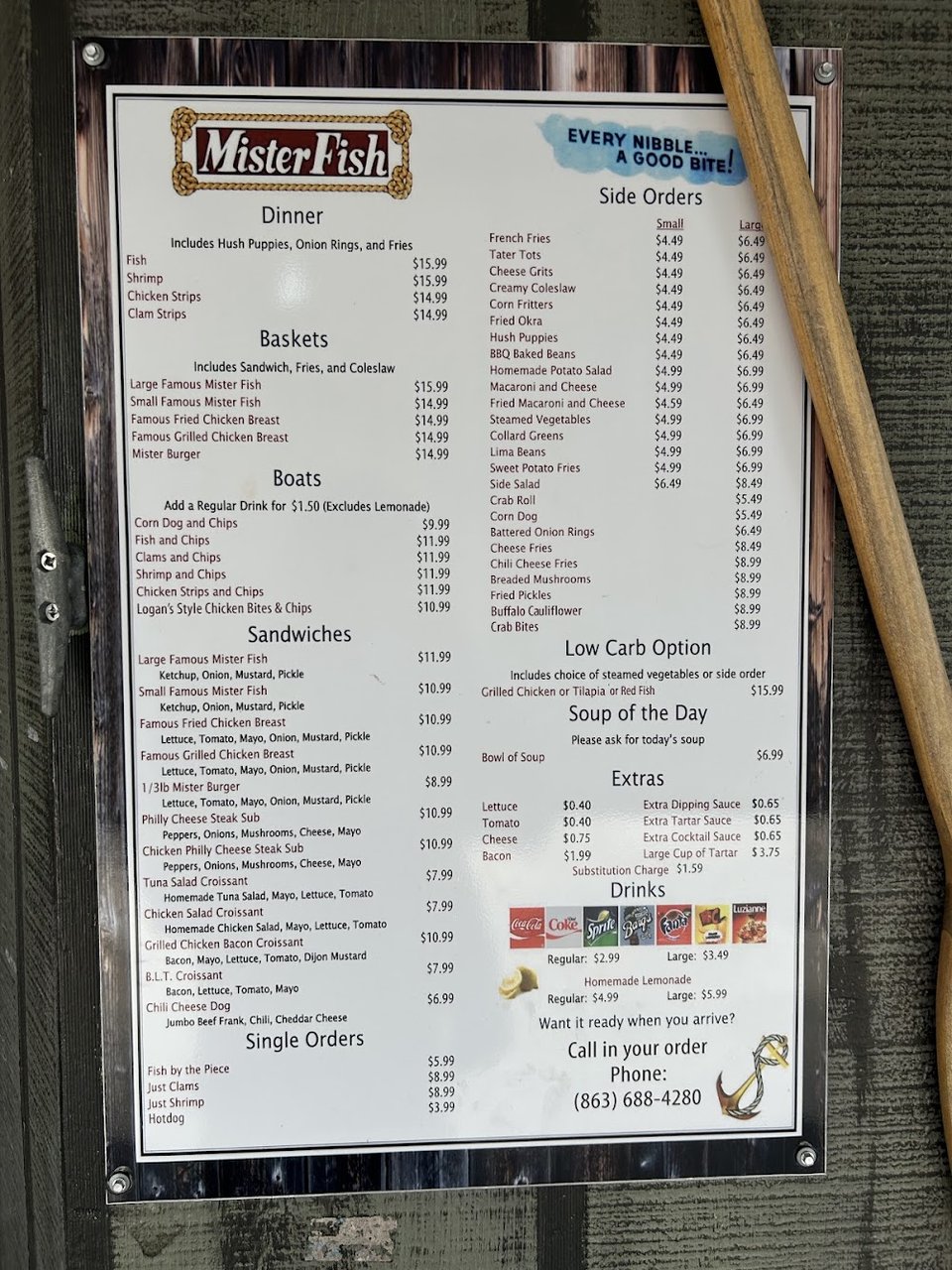 Printed menu showing baskets, boats, and single orders.