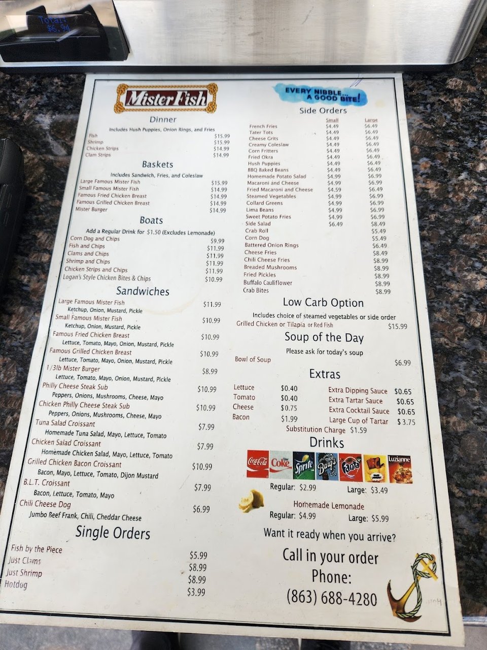Seafood specials listed beside lemonade options.